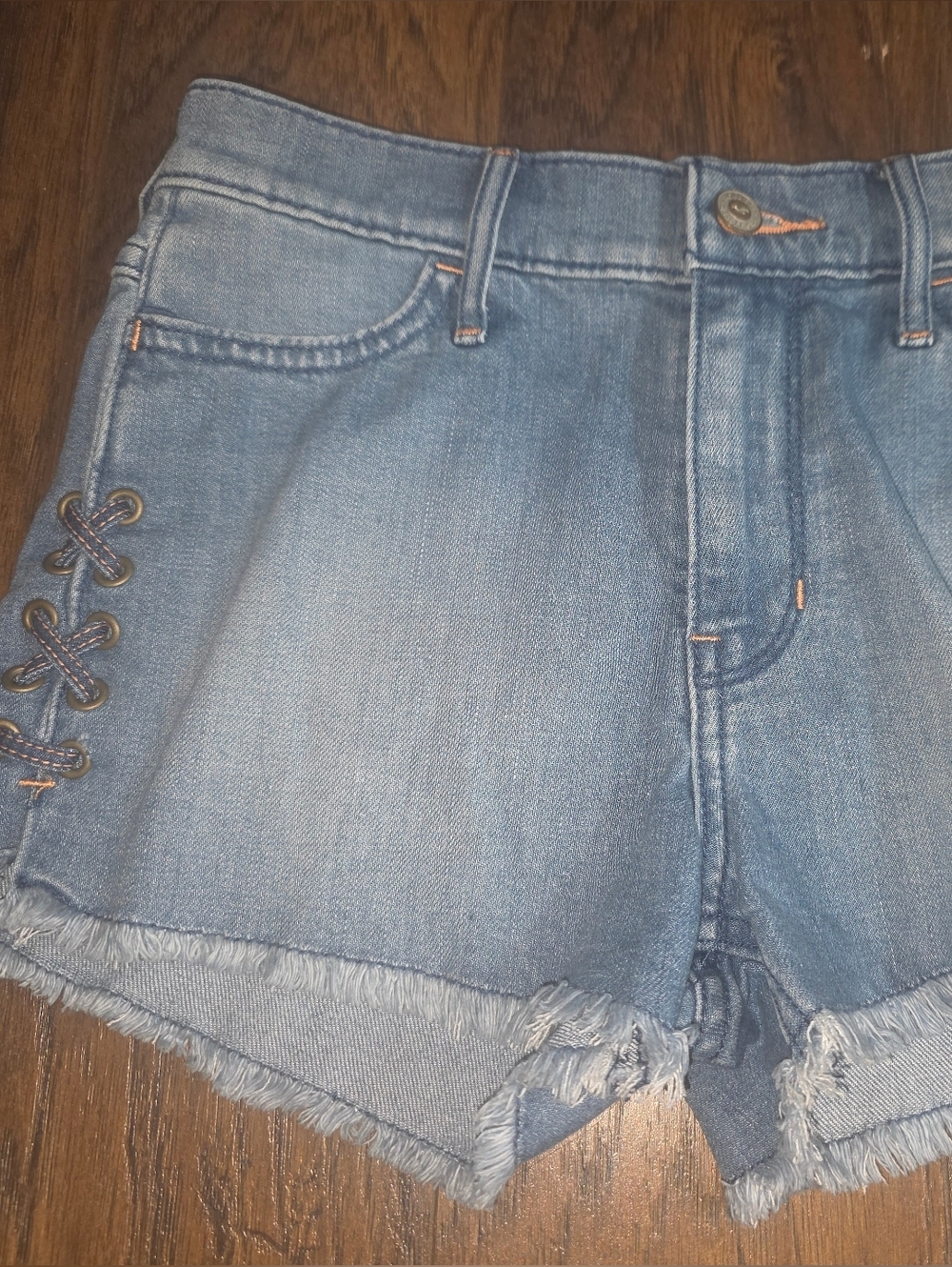 Hollister Light Blue Denim Frayed Hem Shorts with Lace-Up Sides